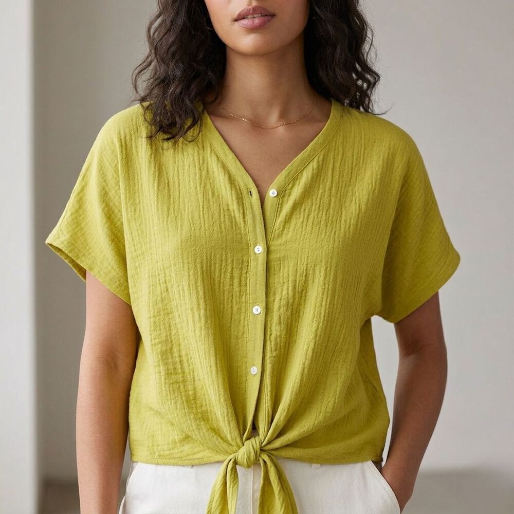 Timing Tie Front Blouse Womens L Yellow Button Down Boho Textured Short Sleeve